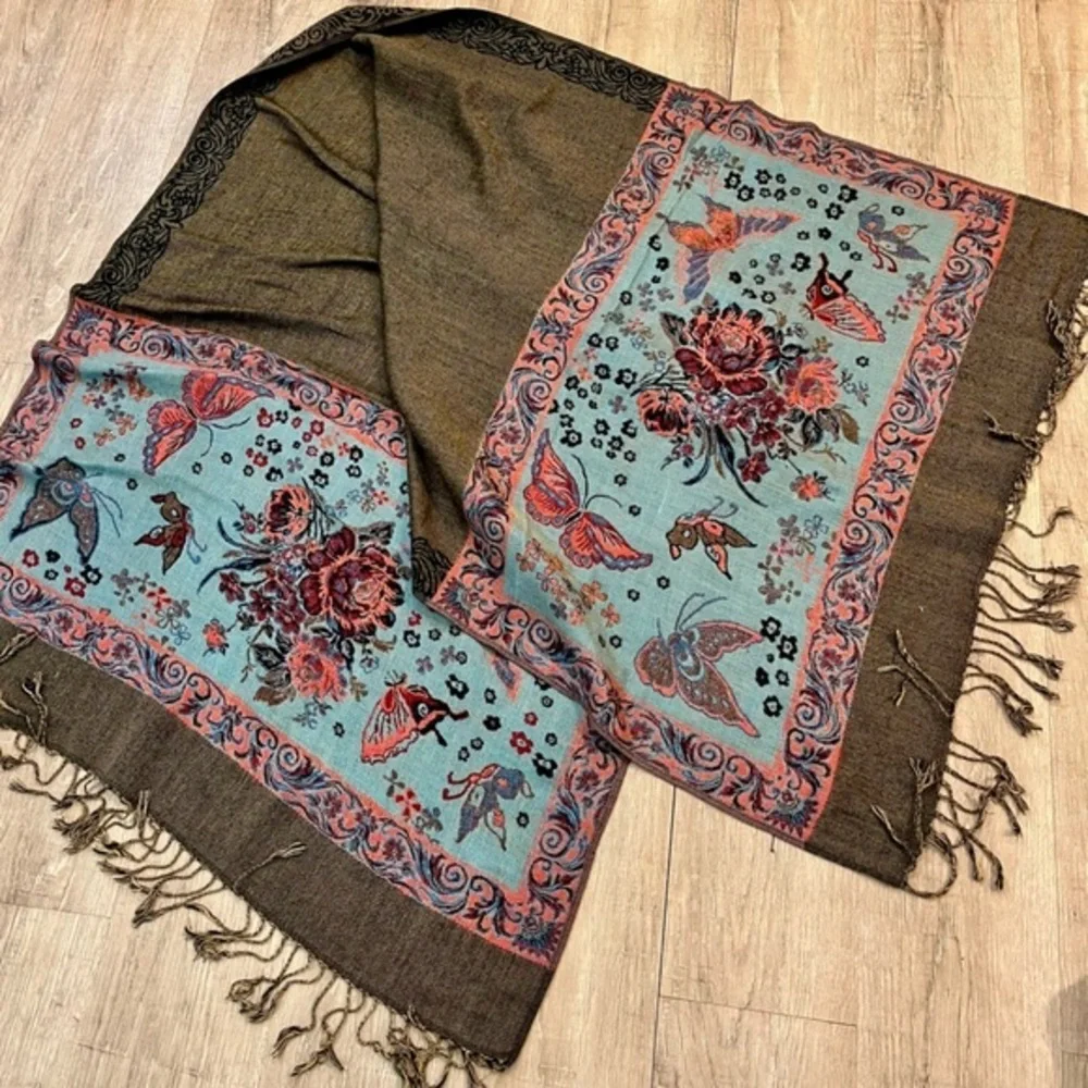 Pashmina, Red, Blue and Olive Colorblock Scarf Butterfly Pattern